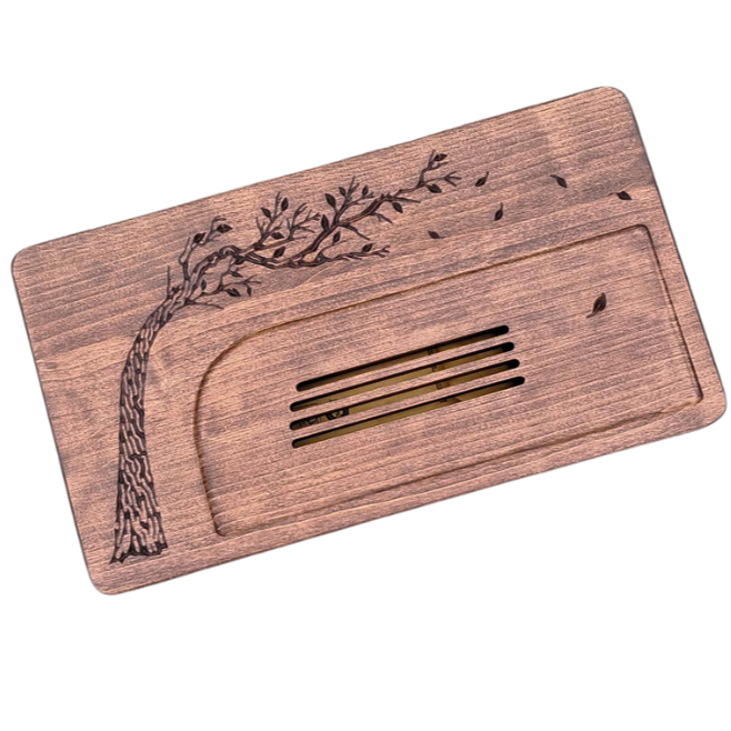 Wooden table with engraved design on a white background