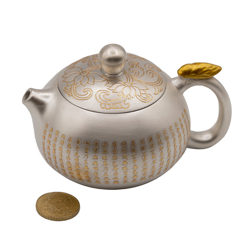 Tetera de porcelana plateada con grabado de sutra y relieve de loto #94556, 170ml