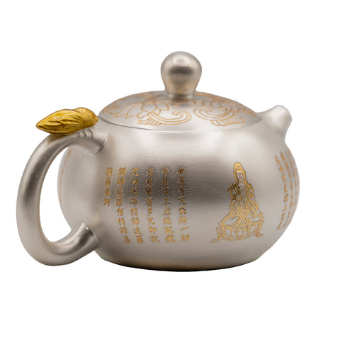 Tetera de porcelana plateada con grabado de sutra y relieve de loto #94556, 170ml
