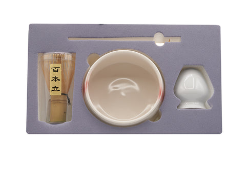 Elegant White Matcha Tea Set – Includes Ribbed Matcha Bowl, Bamboo Whisk, Scoop, and Holder # 93989