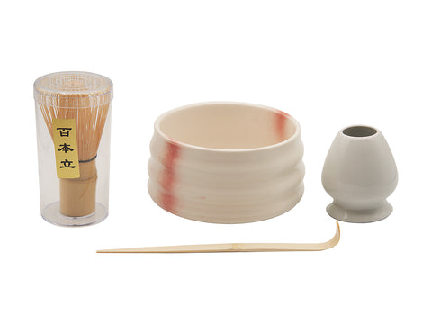 Elegant White Matcha Tea Set – Includes Ribbed Matcha Bowl, Bamboo Whisk, Scoop, and Holder # 93989