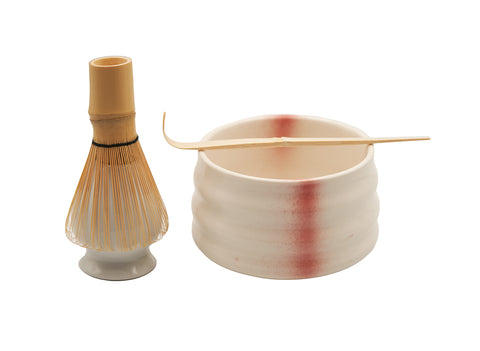 Elegant White Matcha Tea Set – Includes Ribbed Matcha Bowl, Bamboo Whisk, Scoop, and Holder # 93989