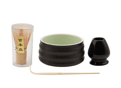 Black Matcha Tea Set – Includes Ribbed Matcha Bowl, Bamboo Whisk, Scoop, and Holder # 93990