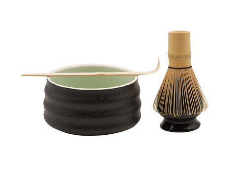 Black Matcha Tea Set – Includes Ribbed Matcha Bowl, Bamboo Whisk, Scoop, and Holder # 93990