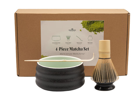 Black Matcha Tea Set – Includes Ribbed Matcha Bowl, Bamboo Whisk, Scoop, and Holder # 93990