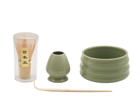 Light Green Matcha Tea Set – Includes Ribbed Matcha Bowl, Bamboo Whisk, Scoop, and Holder # 93991