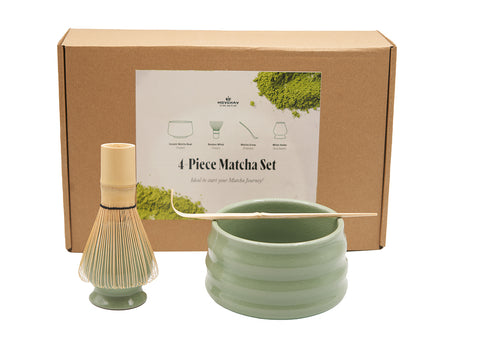 Ensemble de thé Matcha vert clair – Comprend un bol à matcha côtelé, un fouet en bambou, une cuillère et un support # 93991