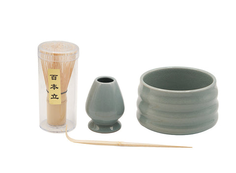 Glossy Blue Ribbed Matcha Tea Set # 93999