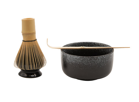 Black Matcha Tea Set –  Speckled Matcha Bowl, Bamboo Whisk, Scoop, and Holder # 93995