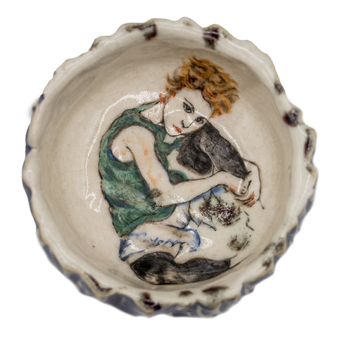 Met de hand beschilderde keramische kom met vrouw- en kattenmotief # 94349