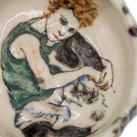 Met de hand beschilderde keramische kom met vrouw- en kattenmotief # 94349