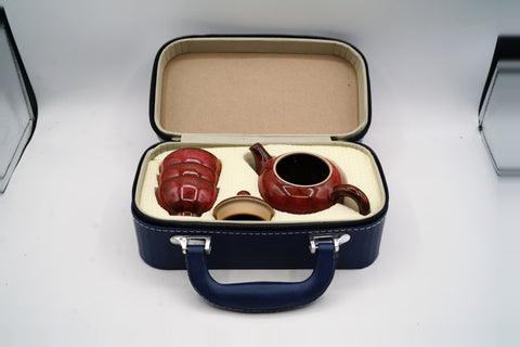 Leather Case Travel Set - Red, with a Teapot # 95931