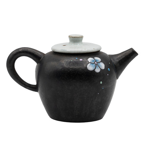 Porcelain Teapot with Black Glaze and Hand-Painted Flower # 94718