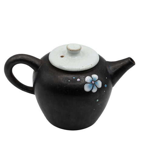 Teiera in porcellana con smalto nero e fiore dipinto a mano # 94718