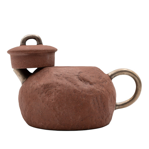 Tetera de barro rojo con acentos plateados # 94438