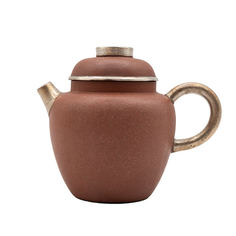 Pearl Shaped Red-Glazed Teapot with Silver Accents # 94434