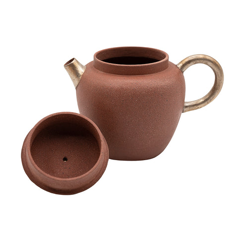 Théière en forme de perle émaillée rouge avec accents argentés # 94434