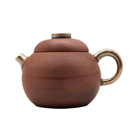 Red-Glazed Round Teapot with Silver Accents # 94433