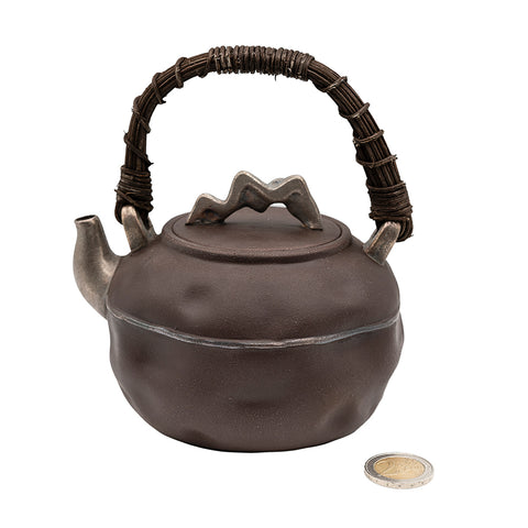 Black Glazed Teapot with hand-woven handle # 94430
