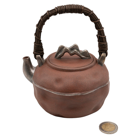 Théière émaillée rouge-noir avec poignée tissée main # 94431