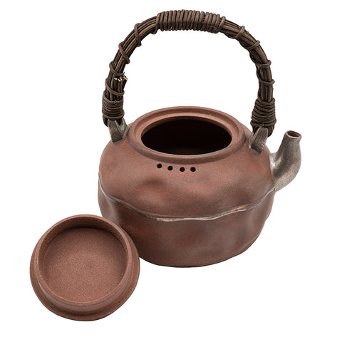 Théière émaillée rouge-noir avec poignée tissée main # 94431