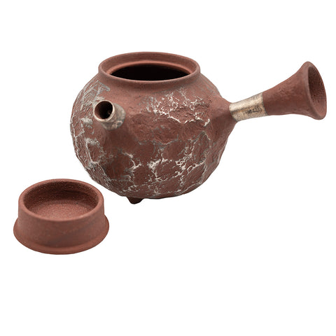 Théière en argile rouge à anse latérale avec motif météore argenté # 94421