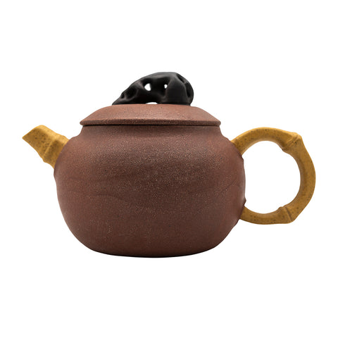 Red Clay Teapot with Bamboo Handle and Taihu Stone Lid # 94423
