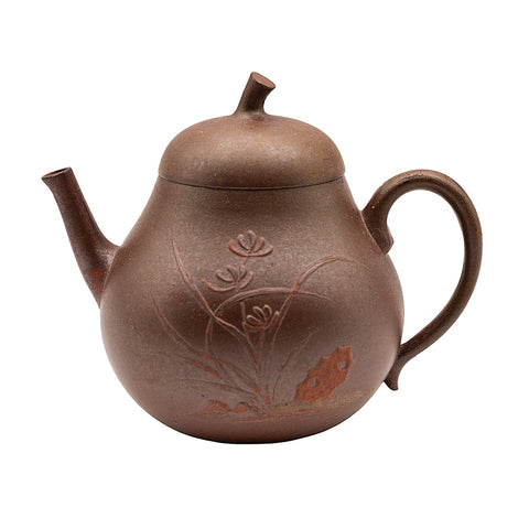 Woodfired Yixing-Style Teapot with Floral Carving # 95012