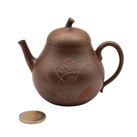 Woodfired Yixing-Style Teapot with Floral Carving # 95012