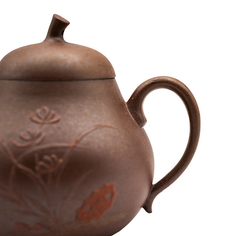 Woodfired Yixing-Style Teapot with Floral Carving # 95012