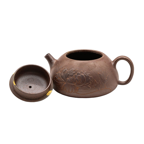 Woodfired Yixing Teapot with Chrysanthemum and Calligraphy # 95075, 160 ml