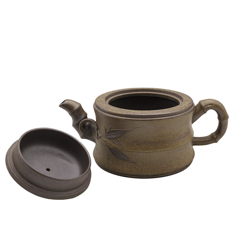 Wood-Fired Yixing Teapot with Bamboo Relief and Lid Figurine # 95102