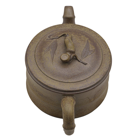 Wood-Fired Yixing Teapot with Bamboo Relief and Lid Figurine # 95102