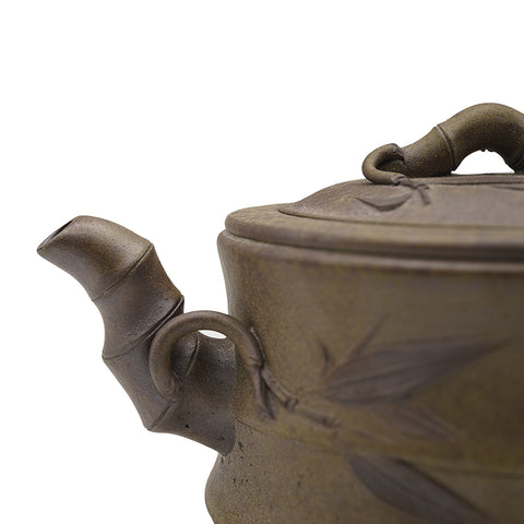 Wood-Fired Yixing Teapot with Bamboo Relief and Lid Figurine # 95102
