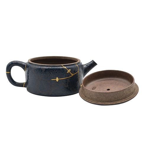 Woodfired Yixing, kintsugi, staples, carving on glaze # 95111