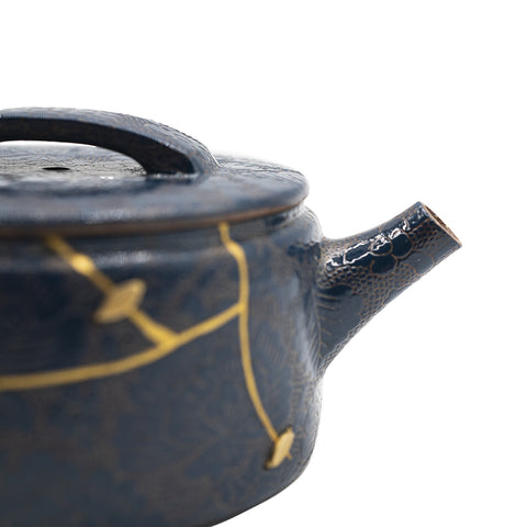 Woodfired Yixing, kintsugi, staples, carving on glaze # 95111