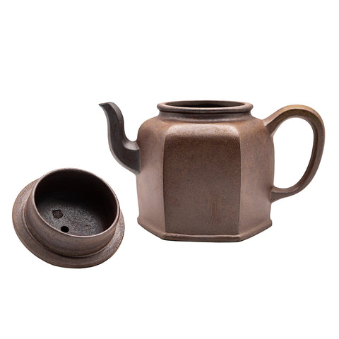 Hexagonal horizontal yixing clay woodfired teapot # 94800