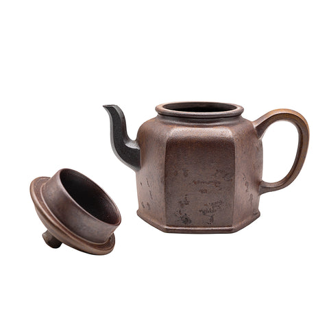 Hexagonal kiln-transformed horizontal yixing clay woodfired teapot # 94801
