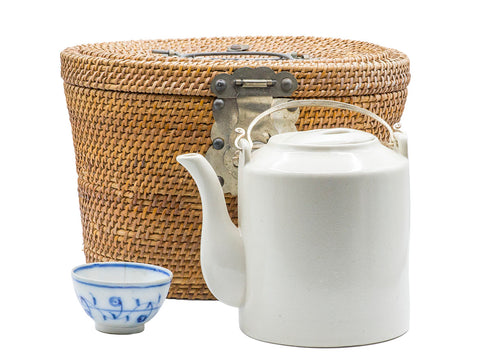 Vintage mid. XX-century Traditional Chinese porcelain tea ware set, bamboo hamndmade bag.  # 93180