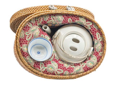 Vintage mid. XX-century Traditional Chinese porcelain tea ware set, bamboo hamndmade bag.  # 93180