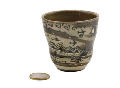 Handgemaakte Moychay theekop van houtgestookt keramiek, niruyagi-techniek, celadon transparant glazuur, handbeschilderd # 93714