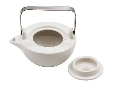 Witte porseleinen theepot met metalen handvat # 93778