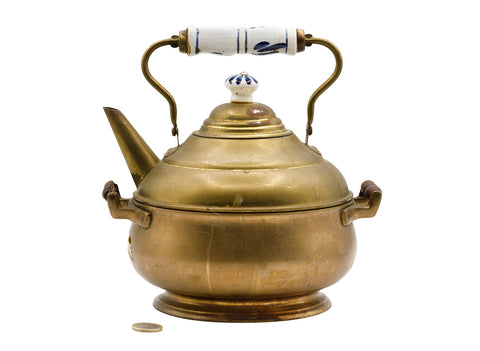 Vintage koperen theepot met keramische handgrepen en speciaal vat voor het verwarmen van houtskool # 93785