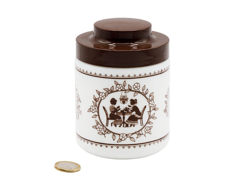 Vintage tea can. white glass and plastic lid  # 93805