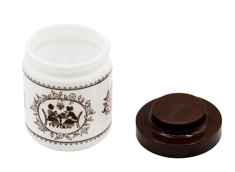 Barattolo vintage per tè. Vetro bianco e coperchio in plastica  # 93805