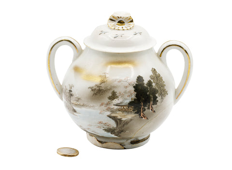 Pot japonais vintage Kutani peint à la main (fissure sur le couvercle)  # 93822