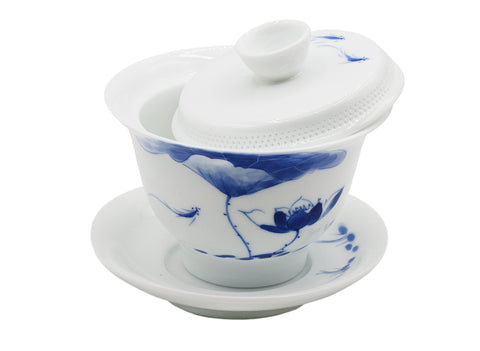 Hand-painted Porcelain Gaiwan with Elegant Blue Lotus Design # 93445