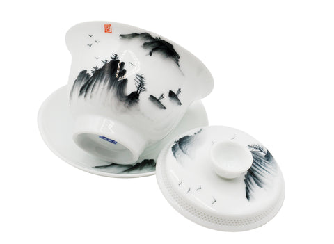 Hand-painted Gaiwan with Scenic Mountain Landscape Design # 93444