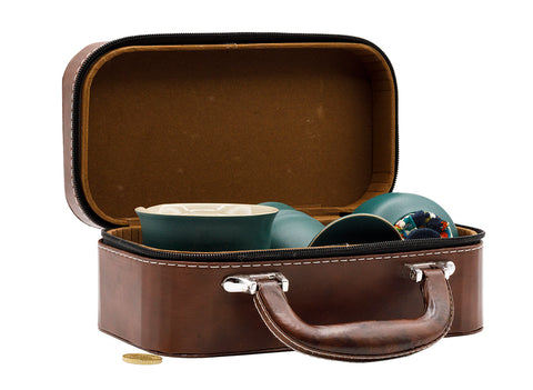 Draagbare reistheeset met draagtas en groene keramische theeservies # 93459