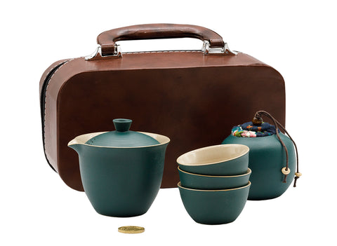 Draagbare reistheeset met draagtas en groene keramische theeservies # 93459